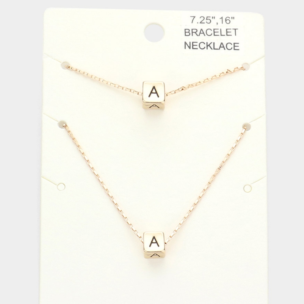 Gold Monogram "A" Cube Pendant Necklace Chain Set Bracelet Boxed Square Initial